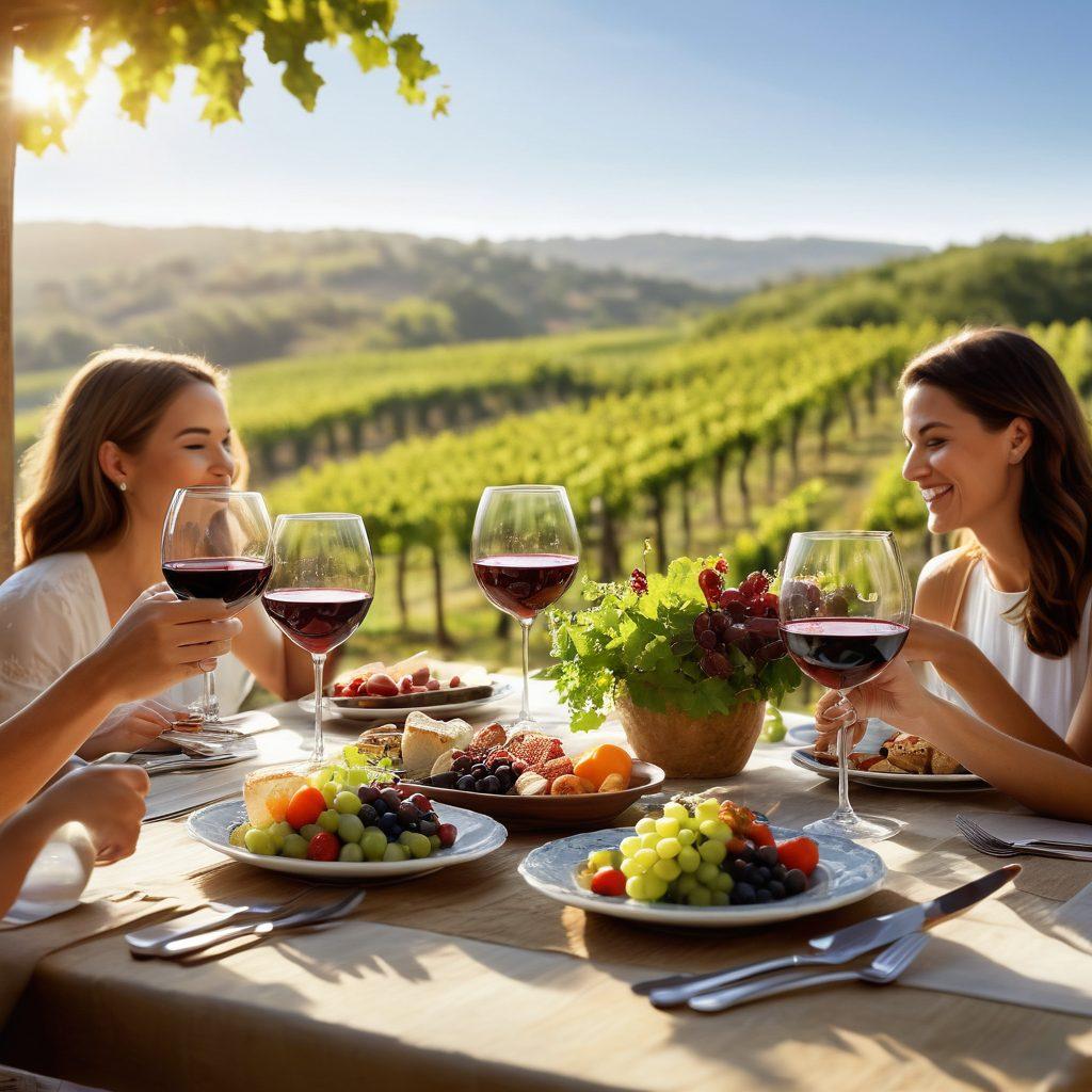 A cozy, sunlit dining table adorned with an array of beautifully arranged wine glasses, each paired with tasteful gourmet dishes. Surrounding the table are cheerful friends celebrating, with soft laughter and a warm ambiance. In the background, a lush vineyard under a clear blue sky, symbolizing joy and togetherness. The scene captures the essence of personalized wine pairings for life's joyful moments. super-realistic. vibrant colors. warm tones.