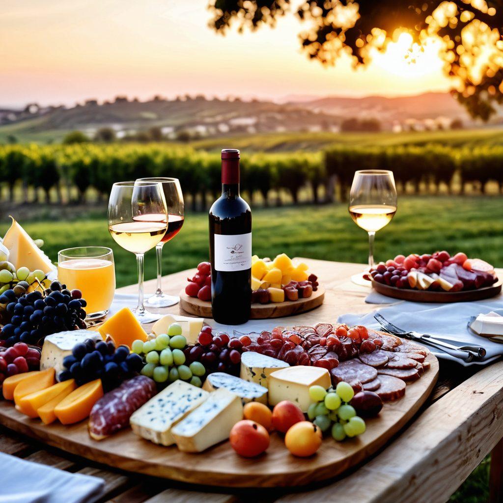 A picturesque table set for a wine tasting, adorned with various wine glasses filled with deep red and crisp white wines. Include a beautifully arranged platter of gourmet cheeses, fruits, and charcuterie, all basking in warm, ambient lighting. In the background, soft, blurred-out vineyard images evoke a sense of relaxation and joy. A glowing golden hour sunset casts an enchanting glow over the scene, inviting viewers to indulge in blissful moments. 3D. vibrant colors. super-realistic.
