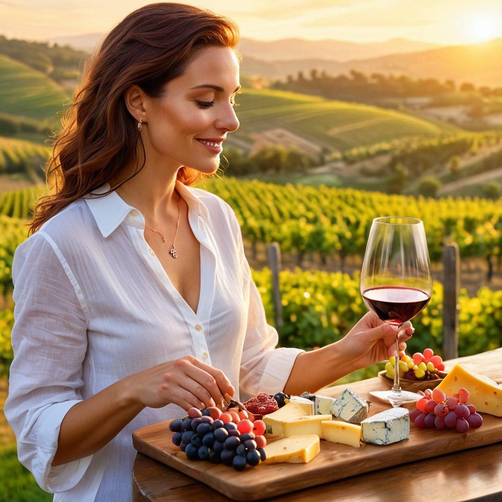 A serene vineyard at sunset, showcasing lush grapevines intertwined with wine glasses filled with vibrant red and white wines. In the foreground, a joyful woman, Alicia, is tasting a gourmet cheese platter that complements the wine. The background features rolling hills and a warm glow from the setting sun, inviting viewers into a delightful wine experience. super-realistic. vibrant colors. painterly style.